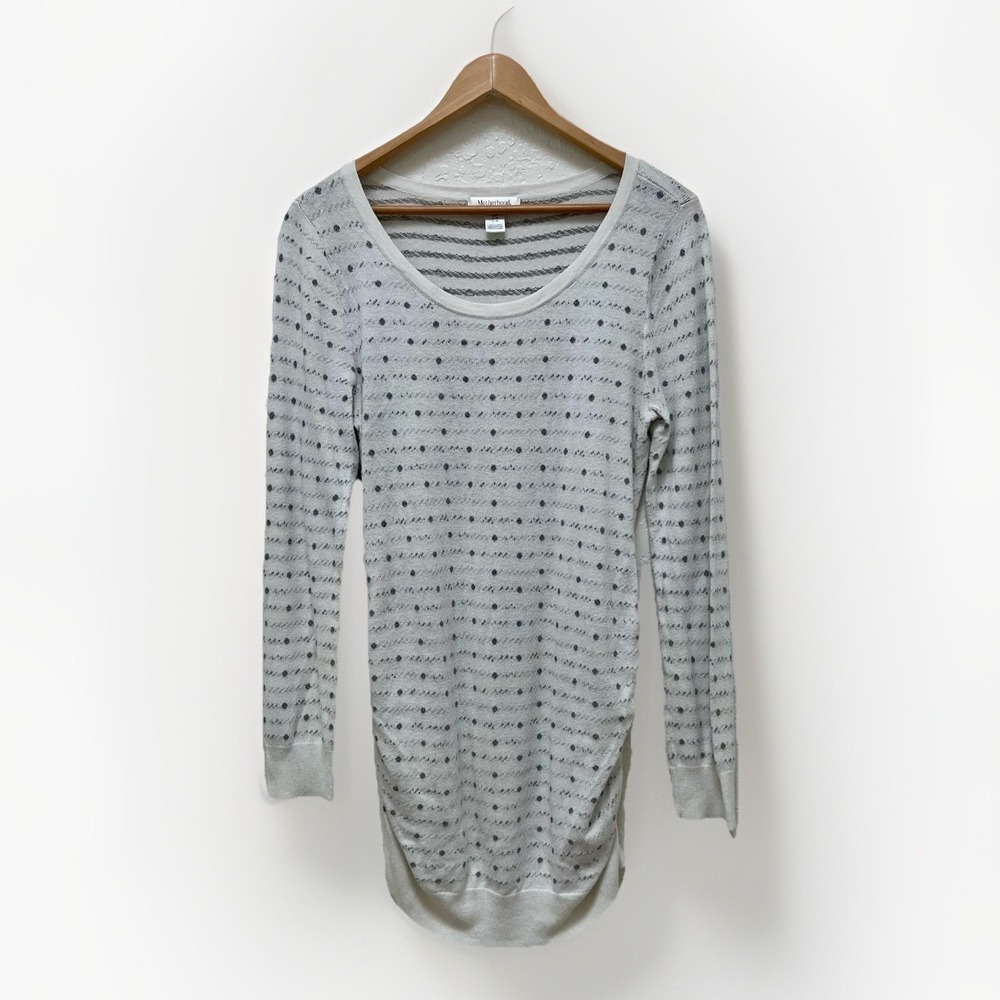 Motherhood Maternity Top Long Sleeve Gray Dot Print Ruched‎ Sides Knit Stretch